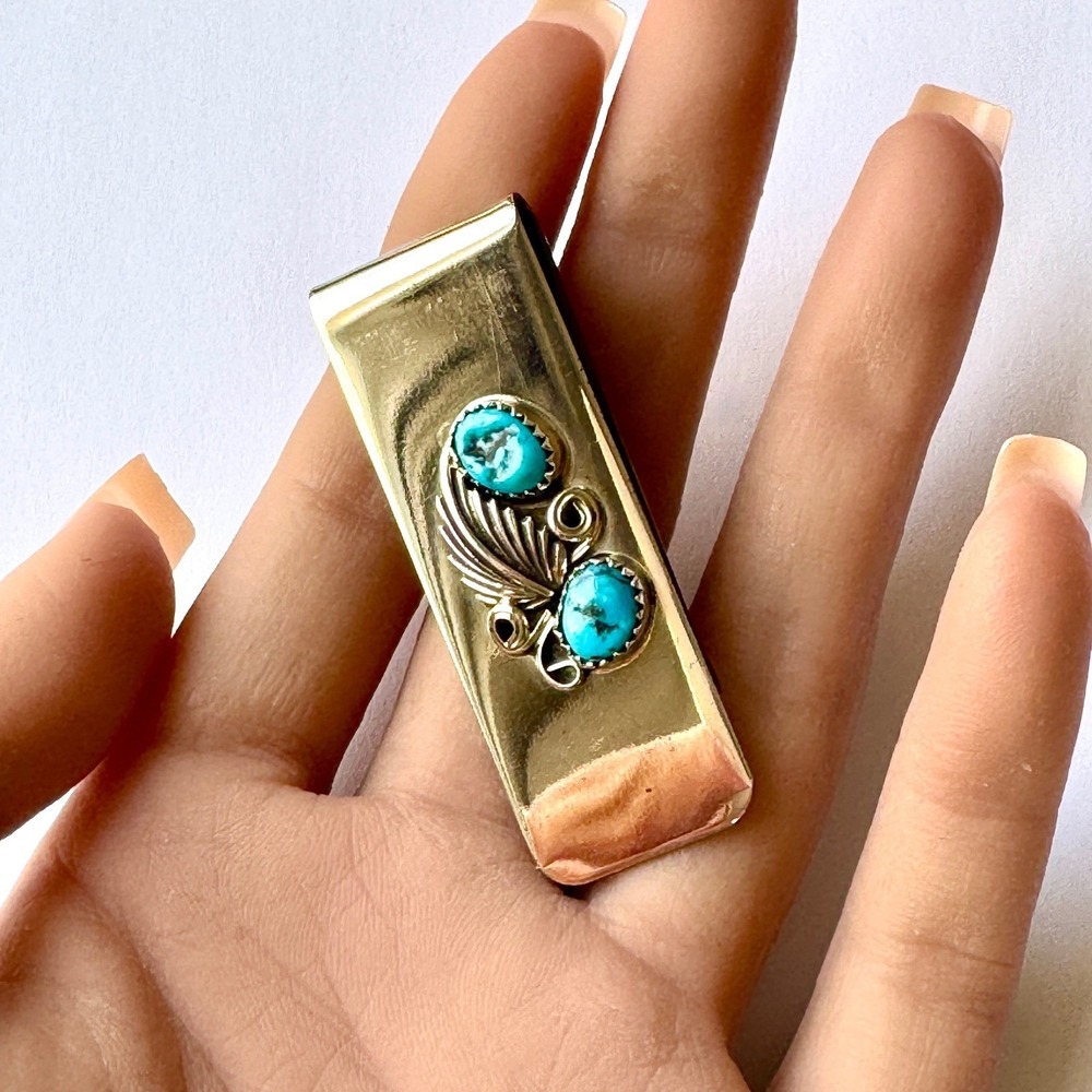 Navajo Money Clip Turquoise Sterling Leaf Sally Arviso Native American Handmade - Picture 3 of 5